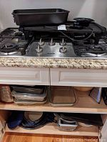 Electric griddle, large roasting pan, and various glass and enameled cast iron bakeware pieces arranged on countertop and shelves
