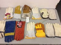 Full overview of all 12 pairs of leather work gloves in various colors and conditions