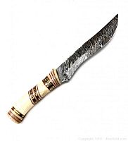 Full view of the hunting knife showing the bone handle and full Damascus steel blade with patterned design.