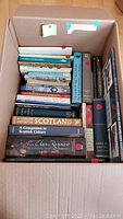 Box filled with various Scottish history and culture books neatly stacked.