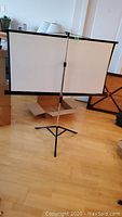 Full view of the white projection screen held by a silver extendable pole and black tripod base.