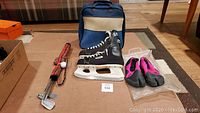 Full lot view showing bowling bag, ice skates, bowling shoes, water socks, and mini golf set
