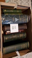 Box containing 7 antique medical books with visible titles and varied bindings