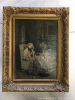 Full view of framed canvas print depicting elderly woman knitting by fireplace in Victorian room.