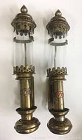 Pair of brass Great Western Railway sconces side by side, showing overall size and design.