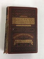 Front cover showing title and detailing of 'The Illuminated Scripture Text Book for Every Day' with 365 coloured illustrations and interleaved memoranda in gold embossing on brown hardcover.