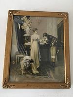 Full view of the vintage framed print showing the entire artwork and wooden frame with decorative corners.