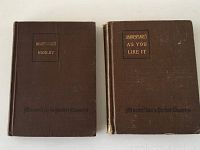 Front covers of two brown cloth-bound books: Shakespeare's Hamlet and As You Like It, both MacMillan's Pocket Classics editions