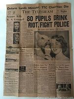 Front side of a 1954 newspaper page from The Telegram with headline about 80 pupils rioting and drinking.