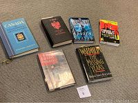 Photo of six assorted books arranged on a surface showing titles and covers.