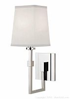 Single light wall sconce with polished nickel finish and white fabric shade shown assembled and mounted.