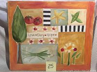 Front view of canvas painting showing vegetables, flowers, and words 'Love-Glory-Hope' with vibrant colors and no damage.