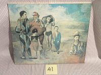 Front view of mounted art poster showing six circus-themed figures in muted colors against blue sky background.