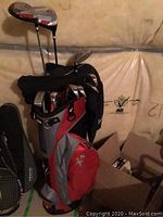 Side view of the Edison golf bag containing the clubs, showing part of the bag and woods extending above.