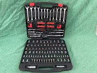 Full view of open 175 piece mechanics tool set in fitted case showing wrench sizes, socket sizes, bits, ratchets and extensions