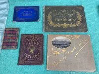 Overview photo showing the five antique photo albums arranged on a green fabric surface, capturing cover details and titles.