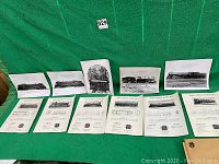 Five black and white locomotive photos and five matching data sheets laid out on green background, showing the complete lot.