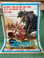 Full view of the vintage Zorro movie poster showing entire artwork and text clearly with fold lines.