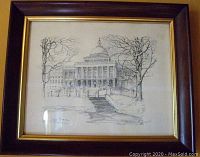 Front view of the framed pencil drawing showing the Boston State House.