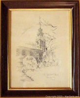 Full view of the framed signed pencil drawing of The Old North Church by Charles H. Overly, showing the entire artwork and frame.