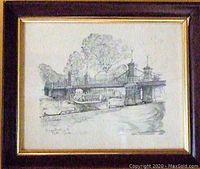 Full view of pencil drawing in vintage wood frame with gold trim, visible minor wear and imperfections.