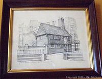 Framed pencil drawing of Paul Revere's House by Charles H. Overly, showing the full artwork and frame.