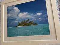 Framed artwork showing an island with palm trees and ocean water. White frame surrounds the picture.