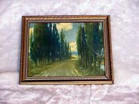 Framed vintage country road painting showing two rows of tall green trees along a dirt path under cloudy sky.