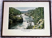 Framed picture showing rapids above the Upper Falls in Yellowstone National Park in a decorative older style frame.