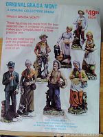 Photo of original sales advertisement for Original Graisa Mont porcelain figurines showing seven designs with price of $49.95 each