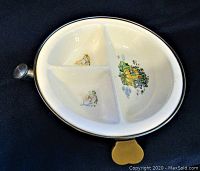 Top view of the Bone China Winterling Bavaria divided oval baby dish with three compartments and detailed colorful illustrations
