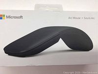 Front view of Microsoft Arc Mouse packaging showing side profile of mouse in black color