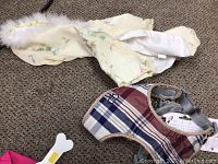 White dog costume dress with feather trim and plaid harness on carpet