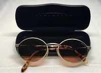Front view of oval sunglasses with amber lenses and tortoiseshell arms in Serengeti case.