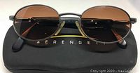 Front view of sunglasses resting on black Serengeti branded hard case, showing oval brown lenses and silver-black frame.