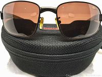 Sunglasses shown resting on a black textured zippered hard case, lens color brown tinted polarized drivers lenses visible.