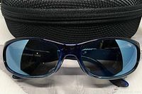 Front view of blue plastic frame sunglasses with dark blue lenses showing the shape and color.