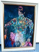 Frontal view of abstract bullfighter painting in period wood frame