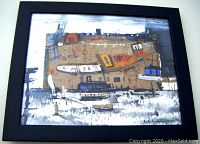 Framed impressionist oil painting on board showing the entire artwork and black frame.