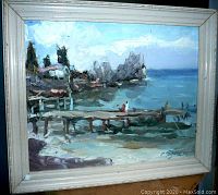Full frontal view of painting in white wooden frame