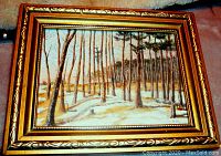 Frontal close-up of framed oil painting showing winter forest scene with bare thin trees, pine trees, melting snow, and warm light background.