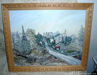 Front view of framed oil painting showing rural mill scene with road, trees, and buildings.