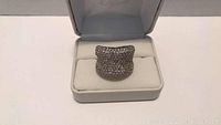 Front view of large sterling silver ring with pavé texture in white box