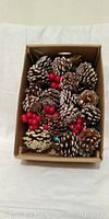 Box of pine cones with red berries, dusted with artificial snow