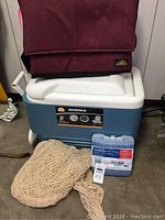 Whole lot featuring the Igloo cooler, ice pack, and net storage bag in room.