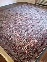 Full view of rectangular wool area rug on hardwood floor