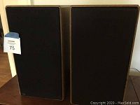 Photo shows a pair of rectangular speakers with light brown wood-like sides and black fabric fronts, one with a tear on the front fabric.