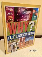 Front cover of the hardcover book titled WHY? showing several question topics and images including food, astronomy, dogs, football, and pyramids.