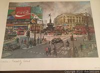 Close-up photo of the vintage Piccadilly Circus London poster showing street scene and cans of advertisements.
