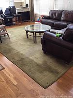 Living room setting showing a green rectangular area rug under a glass coffee table and leather sofas, measuring approximately 161x115 cm.
